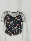NEW LOOK - Size M/L Black Lace Short Sleeve Top with Vest Embroidered Flowers 