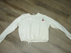 Sudadera Belle Du Jour Mujer Blanca XS Recortada Parte Inferior Dibujo Cuerda Cerezas - Imagen 1 de 10