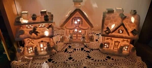 Christmas Village International Bazaar Lighted Off White Gold Church House 12 Pc - Picture 1 of 15