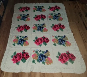 Vtg. Floral Crochet Cross Stitch Afghan Blanket Roses MCM Shabby Chic 75X55" - Picture 1 of 15