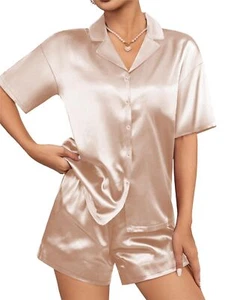 Womens Silk Satin Pajamas Set Short Sleeve Sleepwear Button Down Top and Shor... - Picture 1 of 5