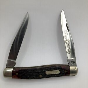 PARKER-FROST SCHRADE 1978-3 JOHNNY MUSKRAT RED PICKED BONE HANDLES  KNIFE #0639