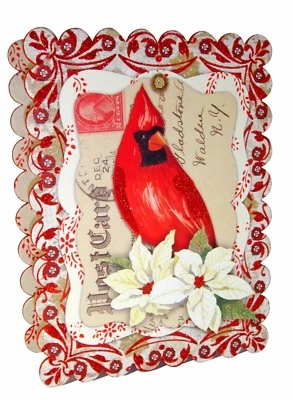 Punch Studio Rectangle Box Scallop Edge Christmas Post Card Cardinal 68896 - Image 1 of 4