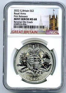 2022 2PD GREAT BRITAIN 1OZ SILVER ROYAL ARMS NGC MS68 MINT ERROR REV DIE CRACK - Picture 1 of 3
