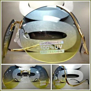 OVERSIZE VINTAGE RETRO Style SUNGLASSES Upside Down Gold Frame Green Yellow Lens - Picture 1 of 10