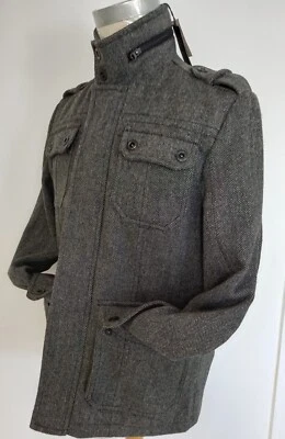 Men's Grey Wool Herringbone Pattern Winter Jacket Size SMALL - Image 1 of 4