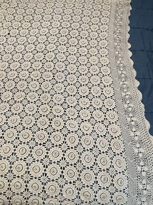 RARE! Vintage KEECO Hand CROCHETED LACE Cream Off-White Coverlet Bedspread 77x77 - Image 1 of 4