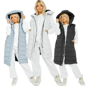 Ladies Women's Hooded Puffer Gilet Jacket Long A-Line Padded Coat Body Warmer - Picture 1 of 59