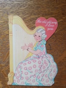 Tarjeta de San Valentín de colección niña tocando arpa I Love You EE. UU. sin firmar - Imagen 1 de 6