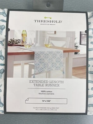 Cotton Slub Table Runner with Tassels Blue -Threshold Extended Length 14" x 108" - Image 1 of 4