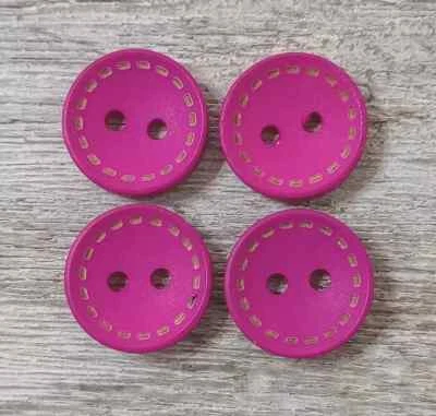wood colors sewing buttons 2 holes hot pink stitches 3/4 inch 20mm 4pc set - Image 1 of 2