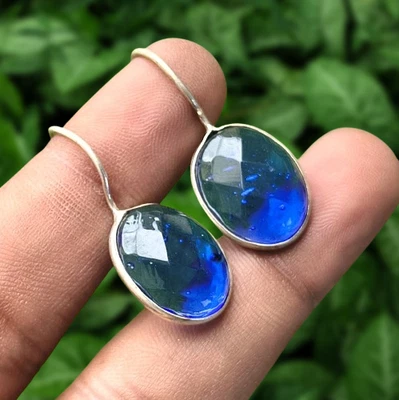 Compra 1 par de pendientes enchapados en plata 925 hechos a mano con piedras preciosas de topacio facetado azul Foto 1 de 4