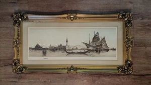 Venice Canal Etching By EC Jost 41x20 19th Century In Ornate Wood Frame - Picture 1 of 9