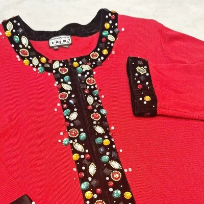 Cardigã suéter vintage Berek vermelho preto joias anos 80 anos 90 feriado Natal Gaudy - Imagem 1 de 4