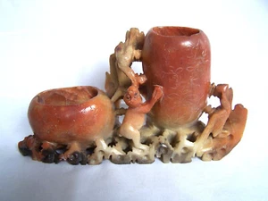 Vintage Chinese Carved Soapstone Vase Two Brush Pots, Monkey, Birds - Picture 1 of 7