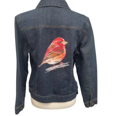 Chaqueta vaquera estampada a mano reciclada para mujer grande roja pinzón pájaro polialgodón Foto 1 de 4