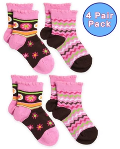 Jefferies Socks Girls Lace Trim Pink Flower Daisy Stripe Vintage Pattern 4 Pairs - Picture 1 of 4