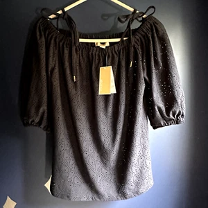 NWT Michael Kors True Navy Short Sleeve Off Shoulder Eyelet Top Sz Small - Picture 1 of 5