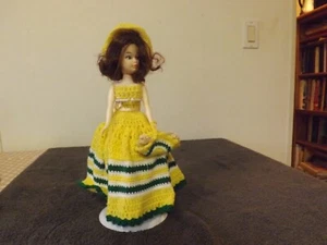 Vintage 11" Big Eyes Fashion Doll with Handmade Yellow Green White Dress Hat + - Picture 1 of 3