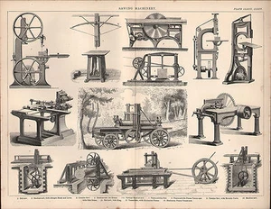 IMPRESIÓN 1874 ~ MAQUINARIA DE ASERRADO ~ SIERRA DE CINTURÓN MÁQUINA DE CORTE ESPIGA CHAPA - Imagen 1 de 2