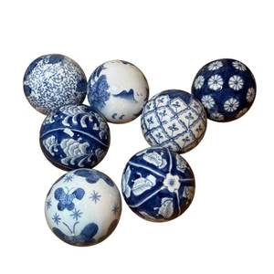 7 Porcelain Carpet Balls Cobalt Blue on White Chinoiserie Decorative - Picture 1 of 5