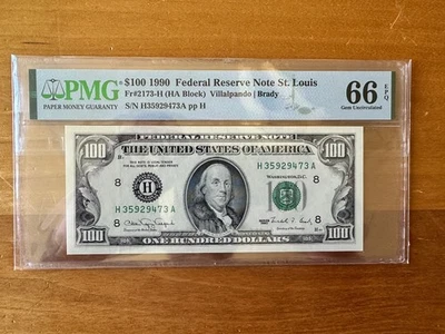 1990 $100 FRN St. Louis Gem Fr. 2173-H PMG 66 EPQ Serial H35929473A - Image 1 of 2