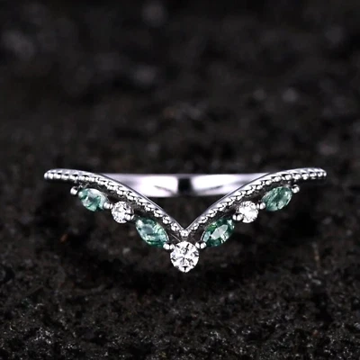 Alianza de boda con racimo de ágata musgo única corte marquesa a juego plata de ley 925 Foto 1 de 4