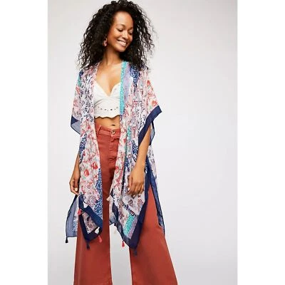 Moss Rose Womens Swim Coverup One Size Blue Floral Paisley Kimono Vacation Boho - Image 1 of 4