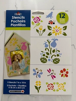 Plaid Stencils 3 Stencils/12 Designs Craft Decoration Flowers Birds Plants Leaf - Image 1 of 4