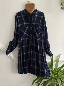*NEXT* Soft Comfy Woven Navy Blue Checked Pockets Longline Tunic/Shirt Dress 14 - Picture 1 of 16