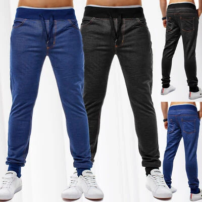 Herren Jogging Hose Sweat Pants Denim Optik Slim Fit Jogging Denim Jeans