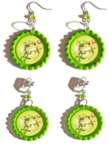 Cute Cupid Frog Bottle Cap Pierced or Clip on Dangle Earrings (CAP063) - Picture 1 of 3