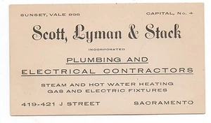 1900 Trade Card Scott, Lyman & Stack Plumbing Electrical Contractors Sacramento - Picture 1 of 1