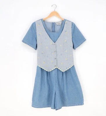 VINTAGE Denim Romper with Embroidered Vest Spring Floral Cottagecore Size 14 - Image 1 of 4