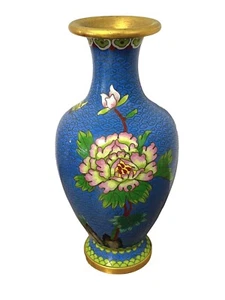 Chinese Cloisonné Enamel Vase 8.5” Tall Blue Floral Peony Butterfly Brass VTG - Picture 1 of 6