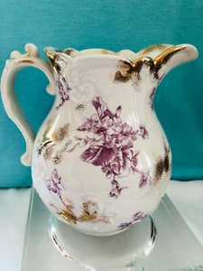 Gold Floral Pitcher Ceramic Purple B&M CHINA Pitcher Borrough Mount Ford 1880s - Picture 1 of 10