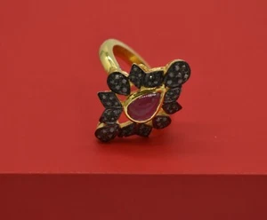 Natural Pave Diamond Ruby Pear Gemstone 925 Sterling Silver Victorian Ring Gifts - Picture 1 of 11