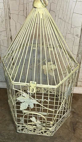 ANTIQUE Vintage 1920s-30’s Metal WIre Hanging Soft Yellow Hanging BIRD CAGE Cover