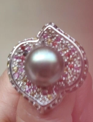 Tahitian Pearl Ring, Silver. Multi Gemstones Of Colored Sapphires, Ring Sz 6. - Image 1 of 4