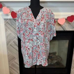 Tommy Hilfiger Floral Print V-Neck Blouse Red Pink White Short Sleeve Summer Top - Picture 1 of 3