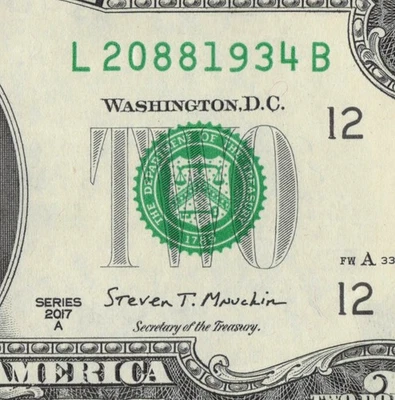 1934 Year Note Birth/Anniv/Grad/TombTwo Dollar Bill 2017A L20881934B CU San Fran - Image 1 of 4