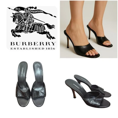 Sandalias de tacón alto Burberry negras de piel de serpiente talla EU 39.5/US 9 de diseñador abiertas a Foto 1 de 4