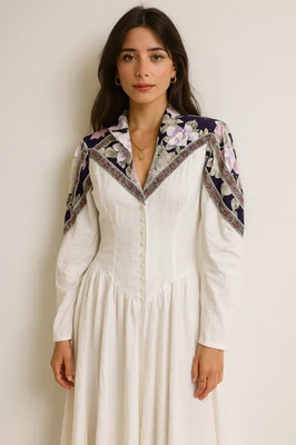 VTG Menu Cottagecore Prairie Dress Women's M White Coquet Floral Western Peasant - Image 1 of 4