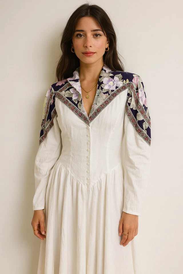 VTG Menu Cottagecore Prairie Dress Women's M White Coquet Floral Western Peasant - Image 1 of 4