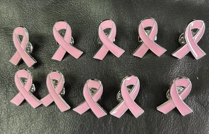 Lot Of 10 Breast Cancer Awareness Pink Enamel Ribbon Lapel Hat Tac Pins Silver - Picture 1 of 4