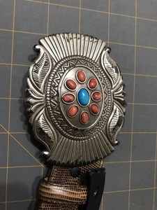 Justin Brown  Leather Belt Silvertone Buckle Red Blue Stones C20048 USA Made 36" - Picture 1 of 7