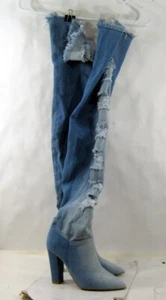 blue denim 4.5"BLOCK Heel pointy Toe Over Knee  Boots WOMEN   Size 5.5 - Picture 1 of 11
