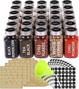 30 Glass Spice Jars 6 Oz Empty Square Spice Bottles with 703 Spice Labels, Ch... - Picture 1 of 1