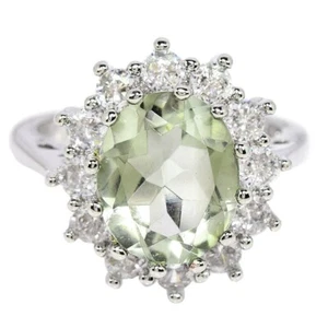 NATURAL GREEN AMETHYST OVAL & WHITE CZ STERLING 925 SILVER RING SIZE 6.25-7.25 - Imagen 1 de 6