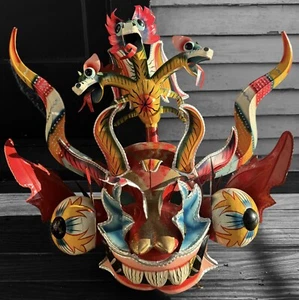 VINTAGE BOLIVIA or PERU DIABLADA THREE HEADED DRAGON MASK HAND MADE METAL OOAK - Picture 1 of 12